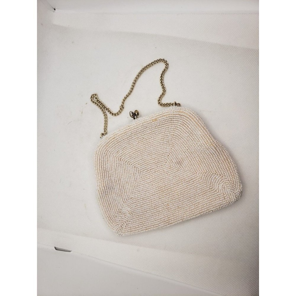 Richere White Beaded Evening Bag Seed Pearls Beads Gold Chain Clutch Purse Japan